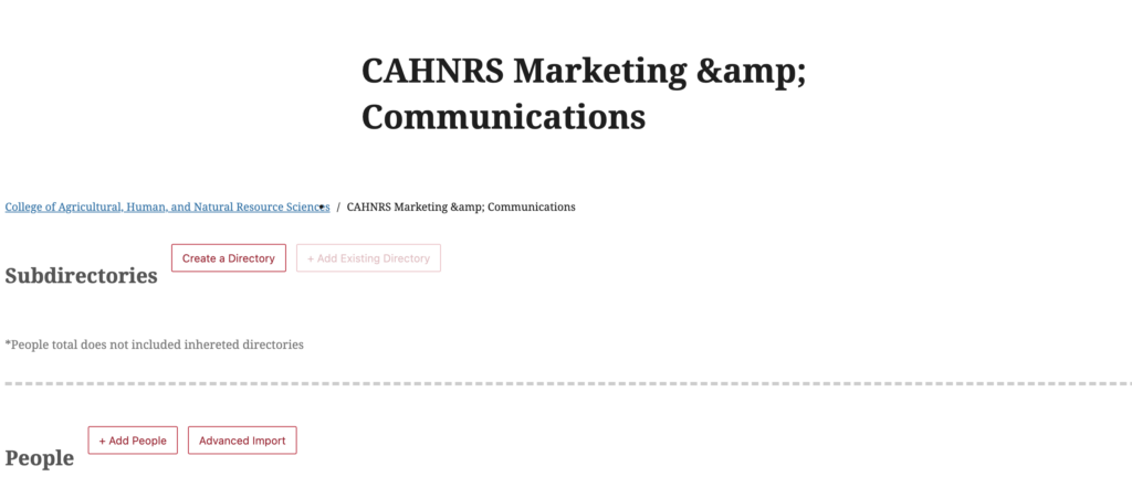 People directory dashboard showing subdirectory option, add people option, and advance import option. 